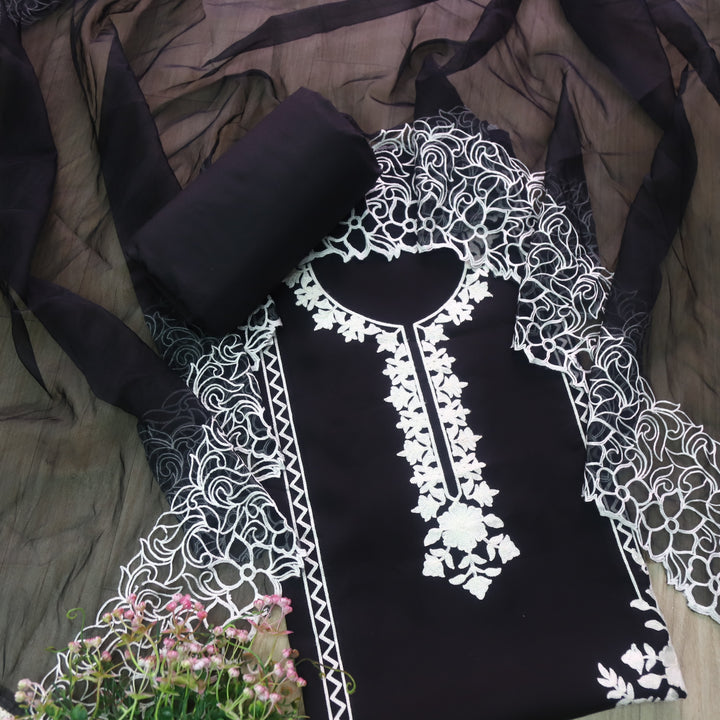 Rivva Raven Black Aari Embriodered Neck Work Modal Suit Set