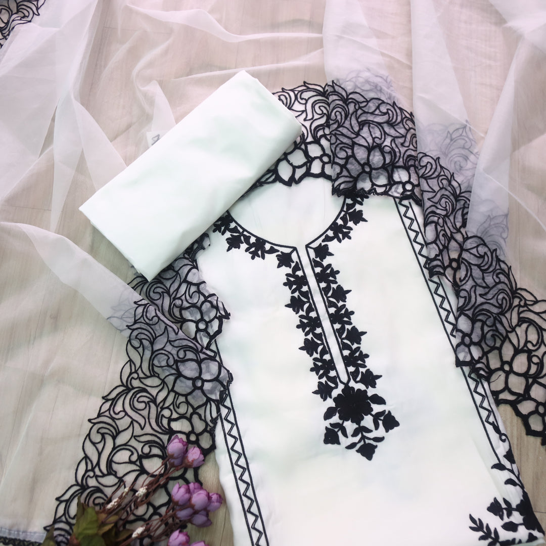 Rivva Pearl White Aari Embriodered Neck Work Modal Suit Set