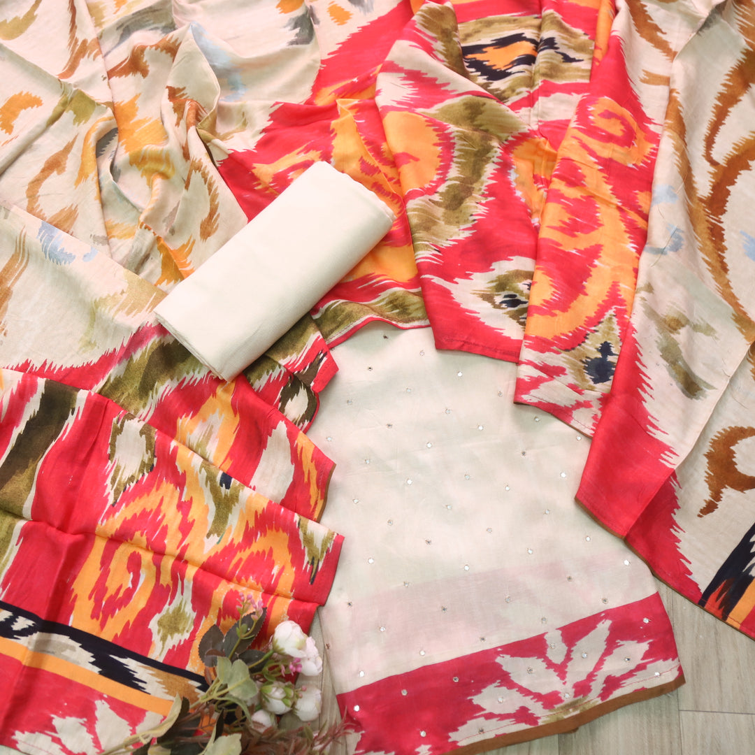 Kamli Banana Cream Zari with Patra Work Muslin Suit Set