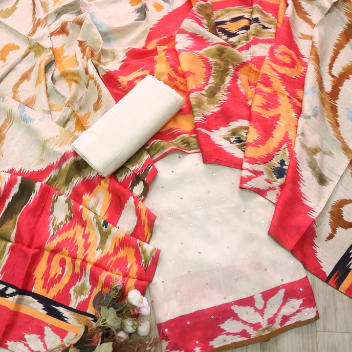 Kamli Banana Cream Zari with Patra Work Muslin Suit Set
