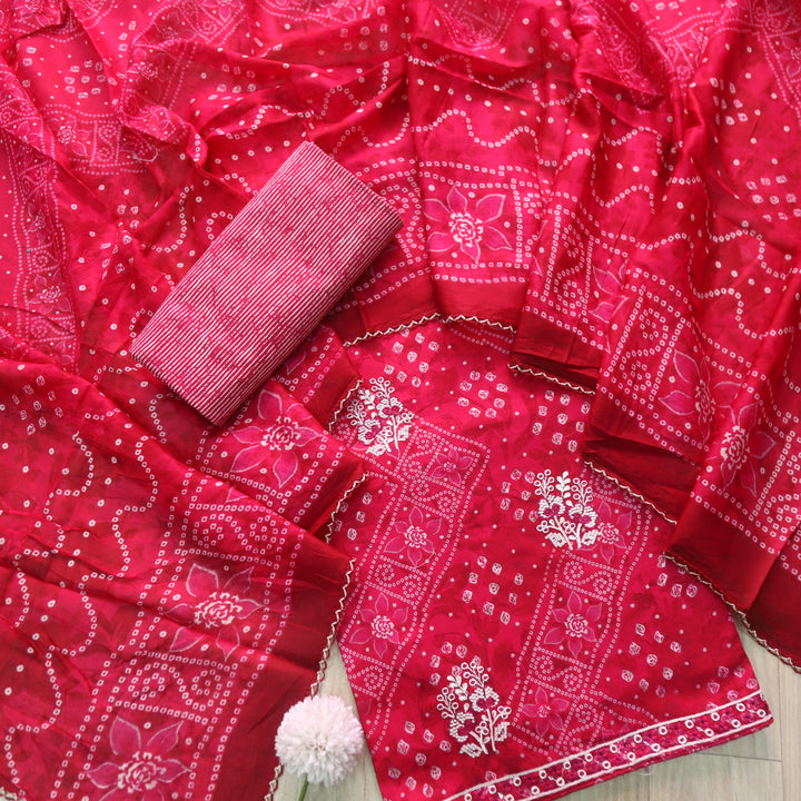 Deewani Ruby Pink Bandani Printed Thread Work Jam Cotton Satin Suit Set