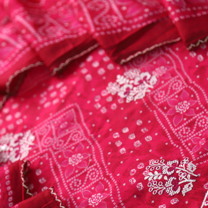 Deewani Ruby Pink Bandani Printed Thread Work Jam Cotton Satin Suit Set