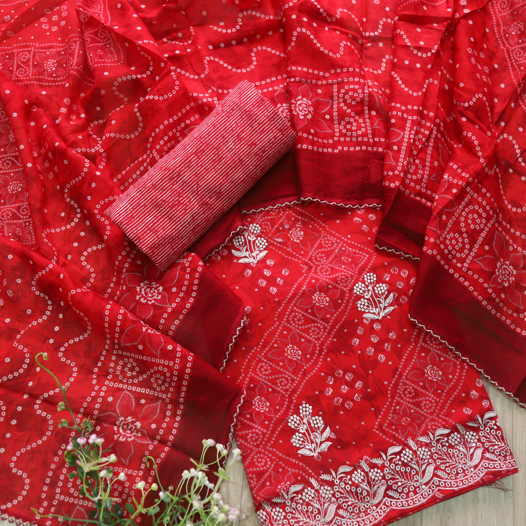 Deewani Bride Red Bandani Printed Thread Work Jam Cotton Satin Suit Set