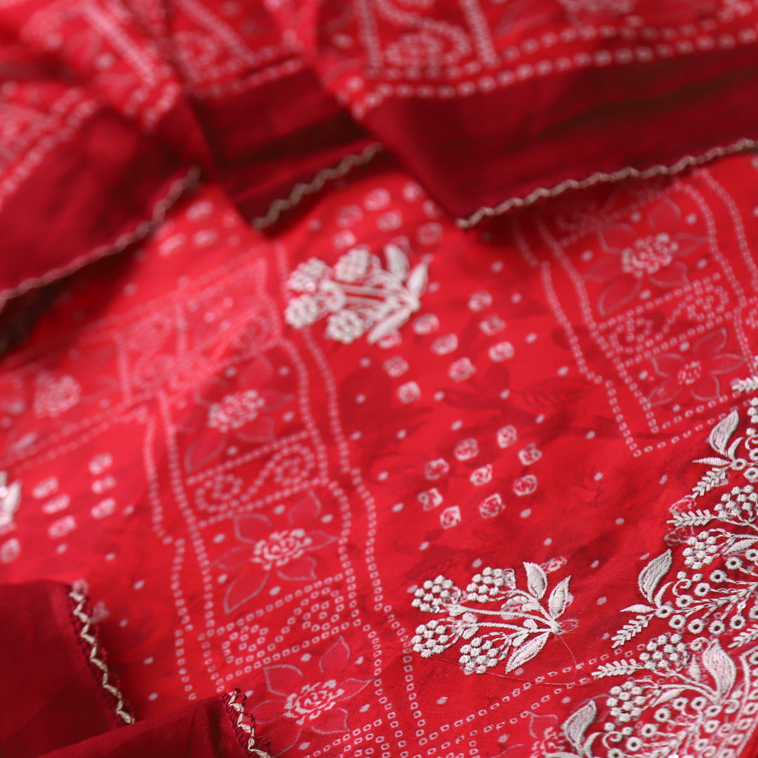 Deewani Bride Red Bandani Printed Thread Work Jam Cotton Satin Suit Set