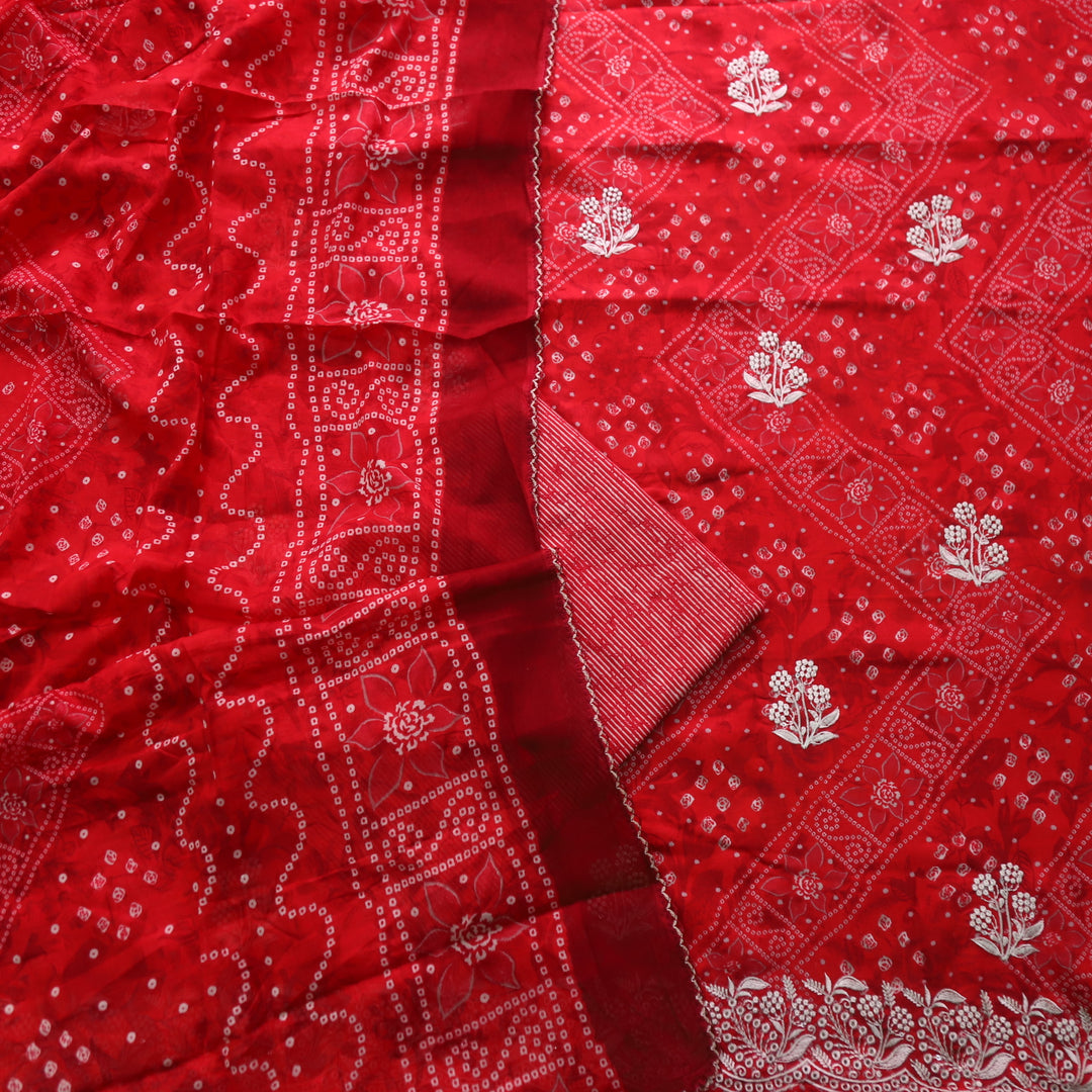 Deewani Bride Red Bandani Printed Thread Work Jam Cotton Satin Suit Set