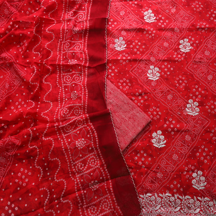 Deewani Bride Red Bandani Printed Thread Work Jam Cotton Satin Suit Set