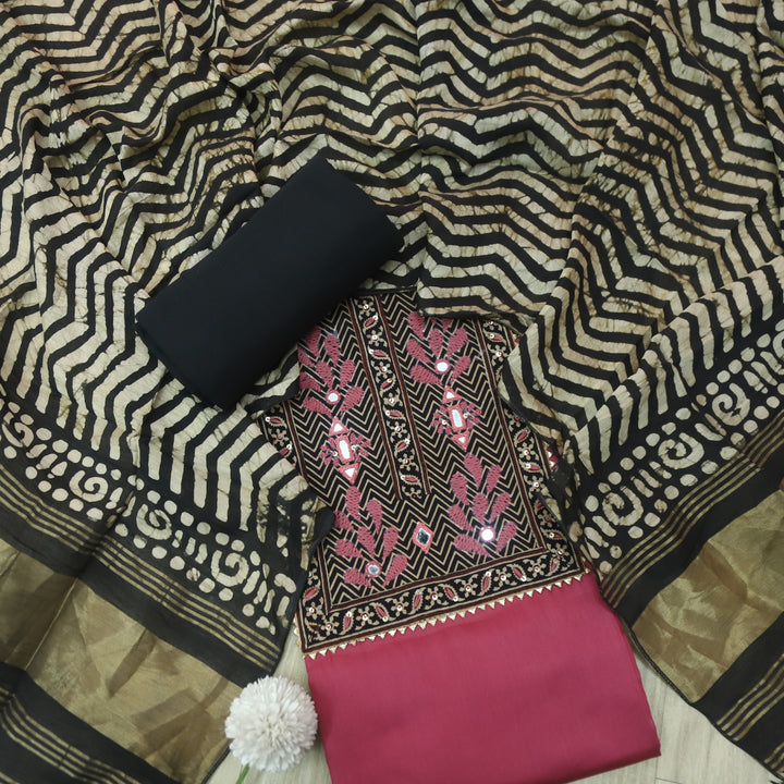 Noor Rose Pink Ajrak Patch Work Neck Glazed Cotton Suit Set