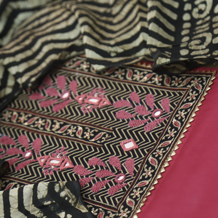 Noor Rose Pink Ajrak Patch Work Neck Glazed Cotton Suit Set