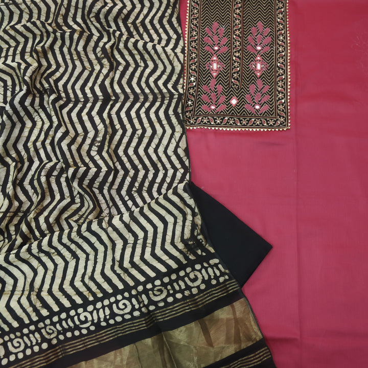 Noor Rose Pink Ajrak Patch Work Neck Glazed Cotton Suit Set