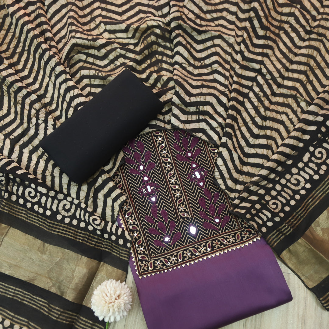 Noor Violet Lavender Ajrak Patch Work Neck Glazed Cotton Suit Set