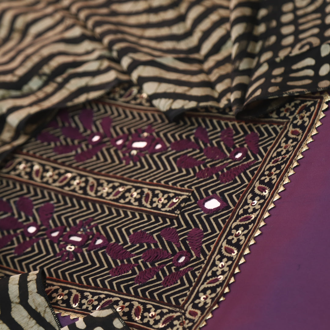 Noor Violet Lavender Ajrak Patch Work Neck Glazed Cotton Suit Set