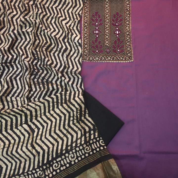 Noor Violet Lavender Ajrak Patch Work Neck Glazed Cotton Suit Set