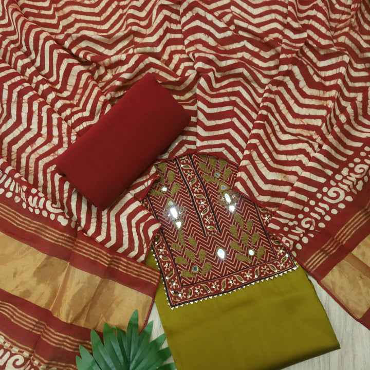 Noor Lemon Green Ajrak Patch Work Neck Glazed Cotton Suit Set
