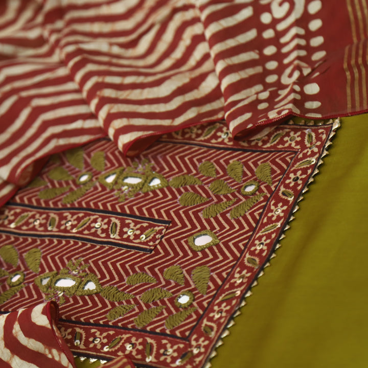Noor Lemon Green Ajrak Patch Work Neck Glazed Cotton Suit Set