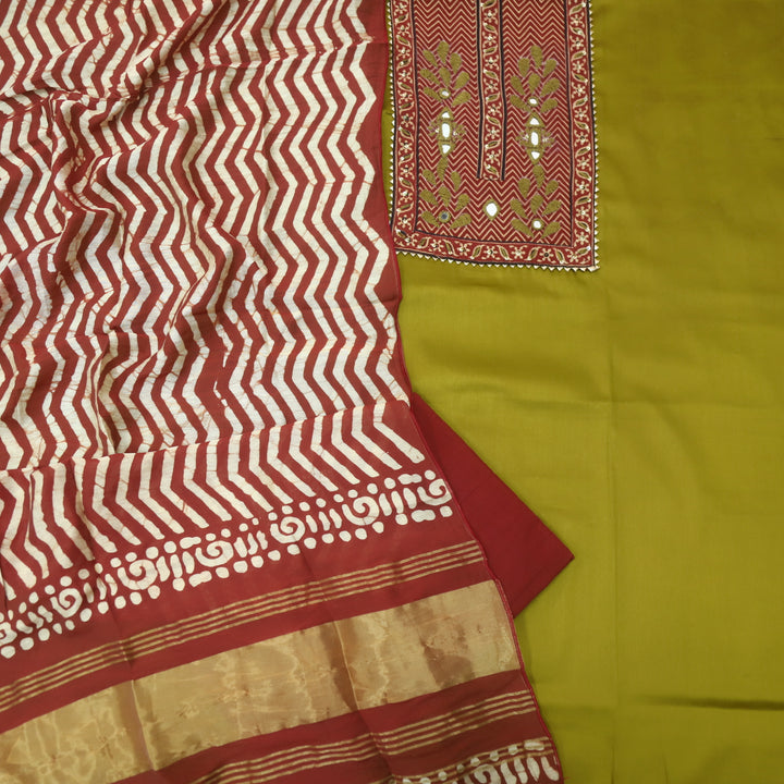 Noor Lemon Green Ajrak Patch Work Neck Glazed Cotton Suit Set