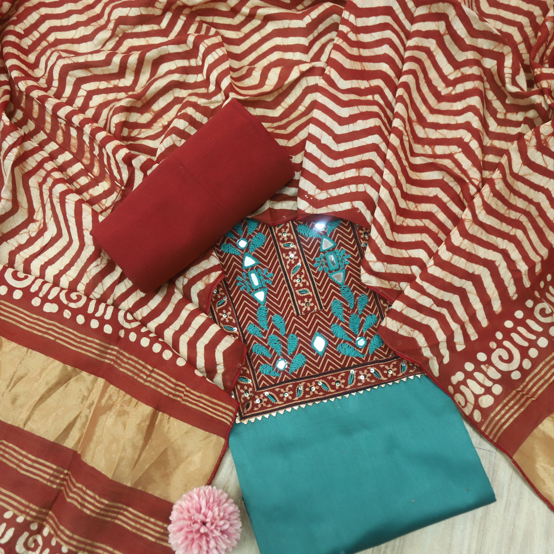 Noor Teal Cyan Blue Ajrak Patch Work Neck Glazed Cotton Suit Set