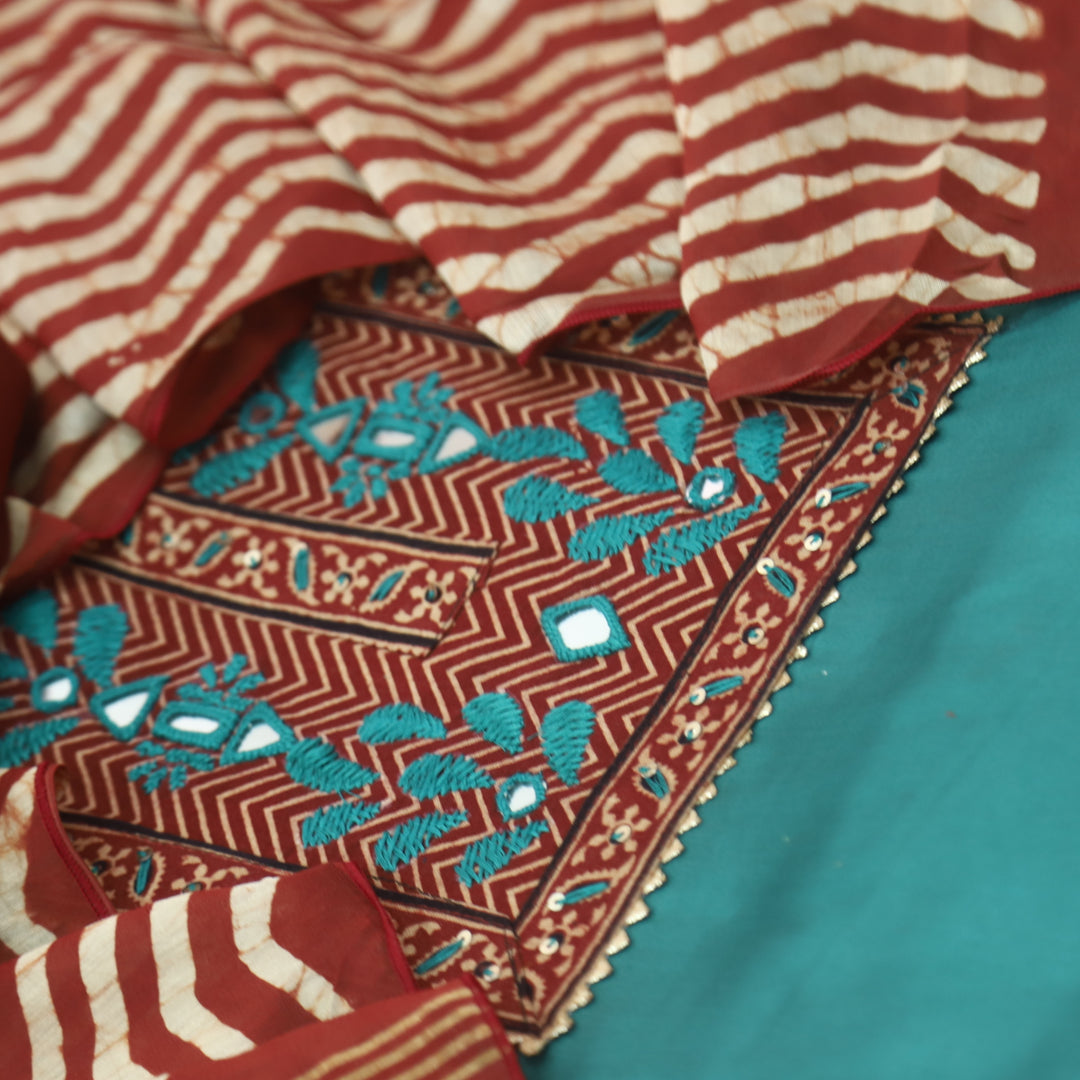 Noor Teal Cyan Blue Ajrak Patch Work Neck Glazed Cotton Suit Set
