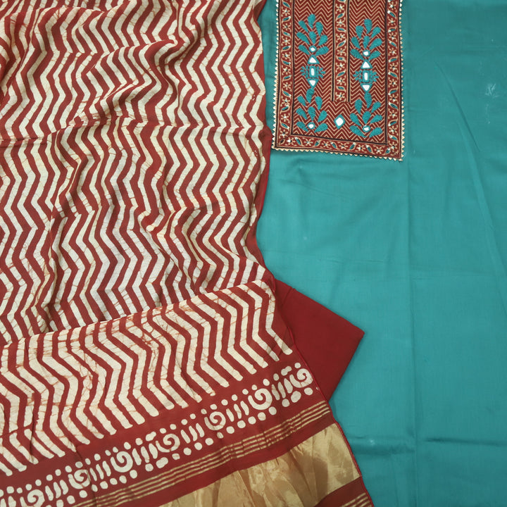 Noor Teal Cyan Blue Ajrak Patch Work Neck Glazed Cotton Suit Set