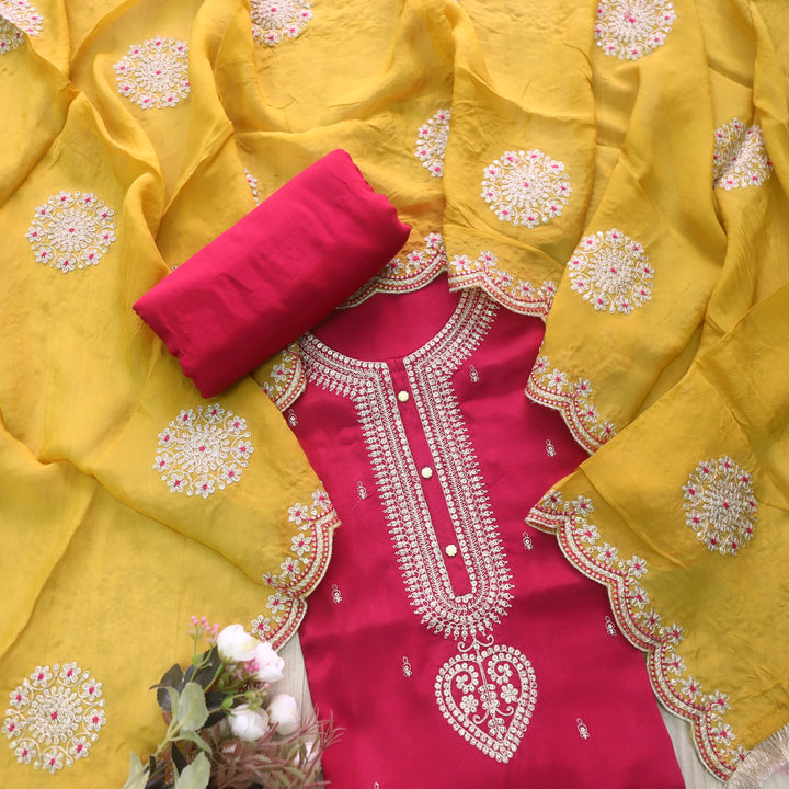 Kamli Rani Pink Zari Embellish Neck Work Russian Silk Suit Set