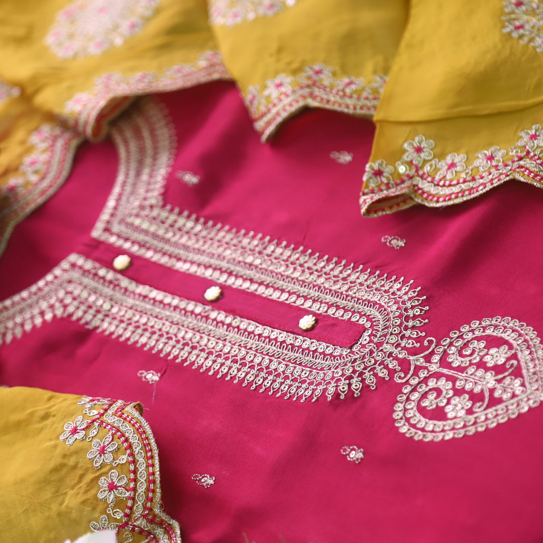 Kamli Rani Pink Zari Embellish Neck Work Russian Silk Suit Set