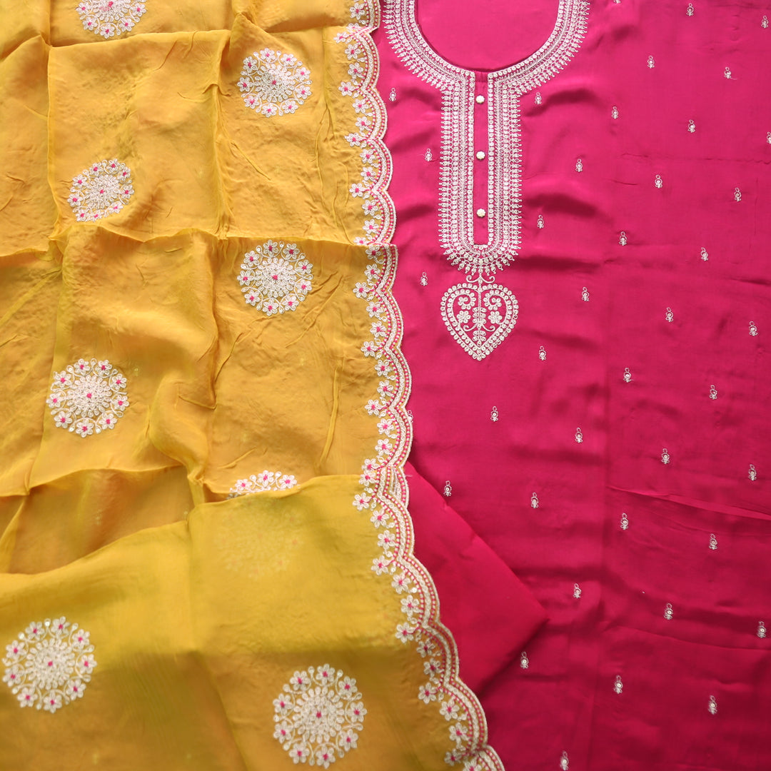 Kamli Rani Pink Zari Embellish Neck Work Russian Silk Suit Set