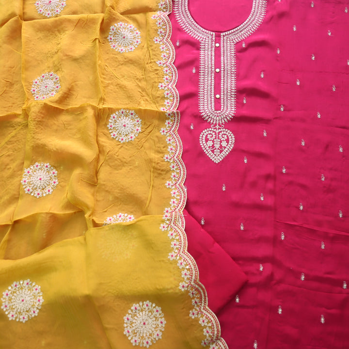 Kamli Rani Pink Zari Embellish Neck Work Russian Silk Suit Set