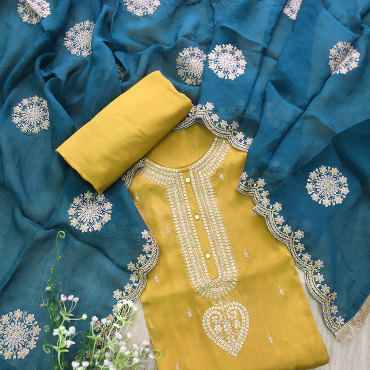 Kamli Canary Yellow Zari Embellish Neck Work Russian Silk Suit Set