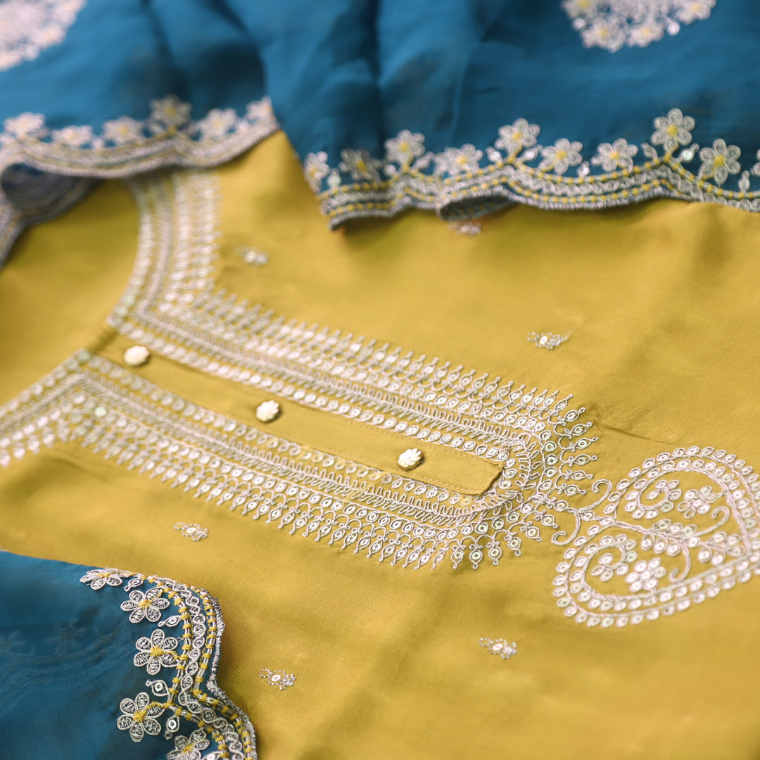 Kamli Canary Yellow Zari Embellish Neck Work Russian Silk Suit Set