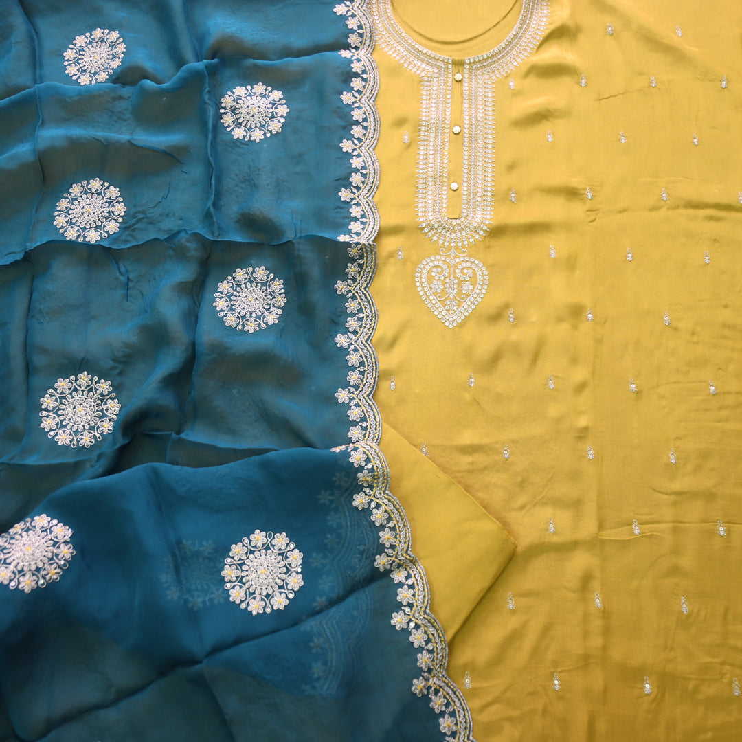 Kamli Canary Yellow Zari Embellish Neck Work Russian Silk Suit Set