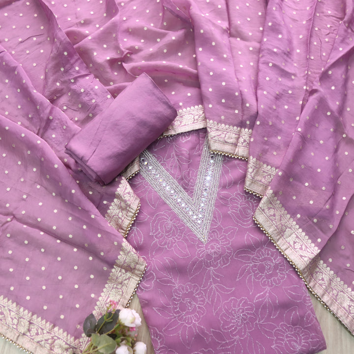 Aafreen Helio Mauve V Designer Neck with All Over Thread Organza Suit Set