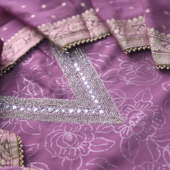 Aafreen Helio Mauve V Designer Neck with All Over Thread Organza Suit Set