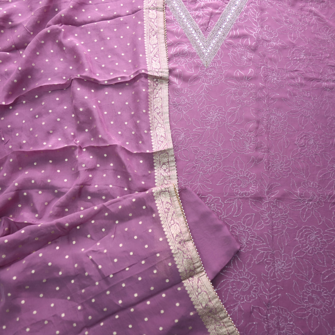 Aafreen Helio Mauve V Designer Neck with All Over Thread Organza Suit Set