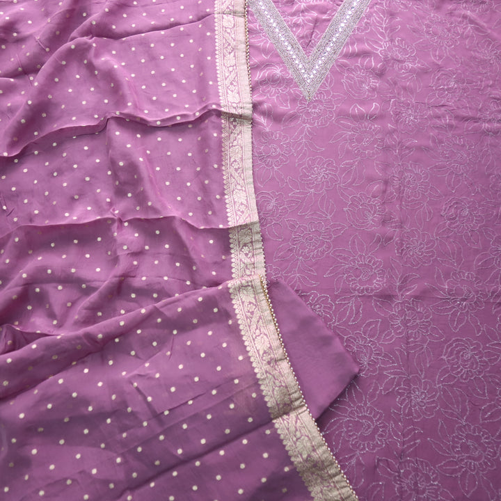 Aafreen Helio Mauve V Designer Neck with All Over Thread Organza Suit Set