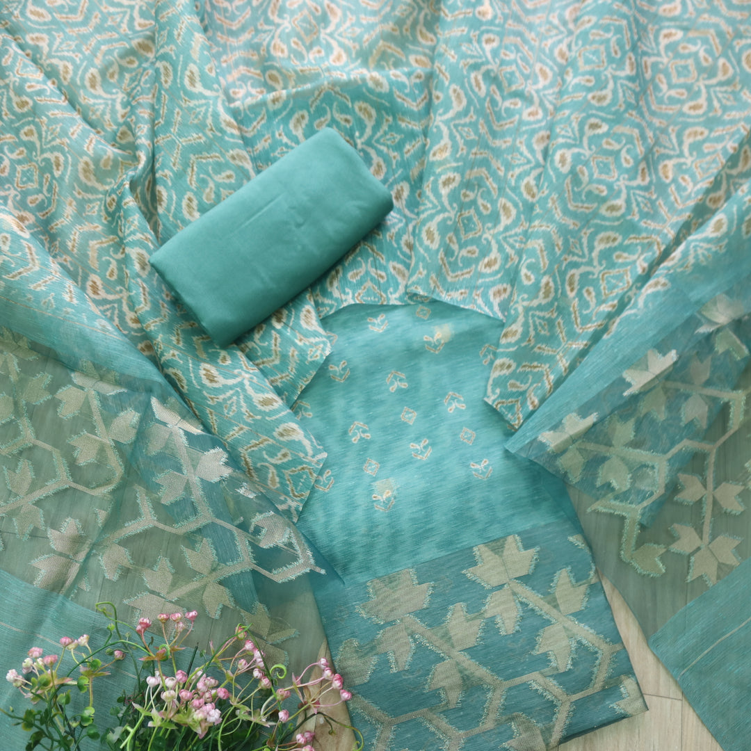 Sarang Sage Blue Zari with Authentic Jamdani Weaved Suit Set