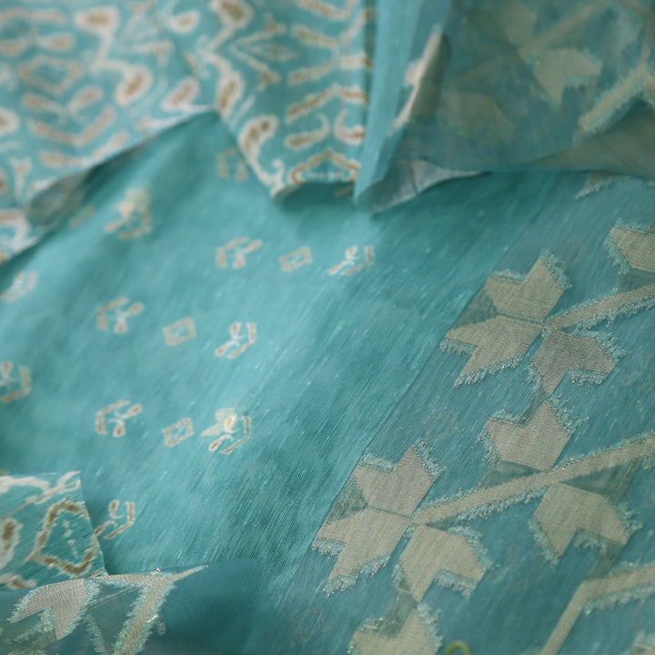 Sarang Sage Blue Zari with Authentic Jamdani Weaved Suit Set