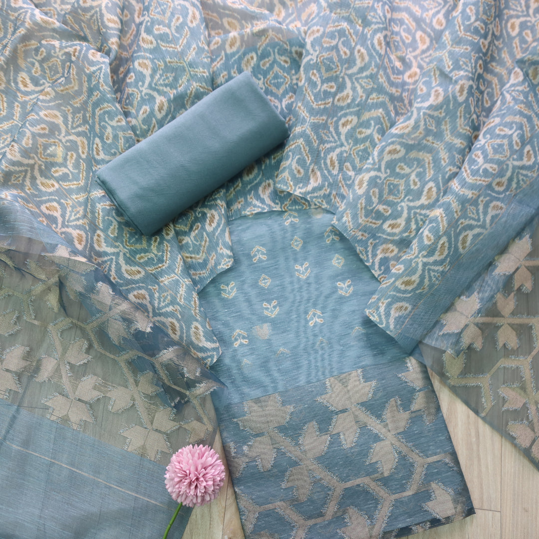 Sarang Bluish Grey Zari with Authentic Jamdani Weaved Suit Set