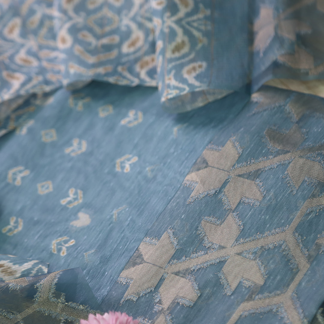 Sarang Bluish Grey Zari with Authentic Jamdani Weaved Suit Set