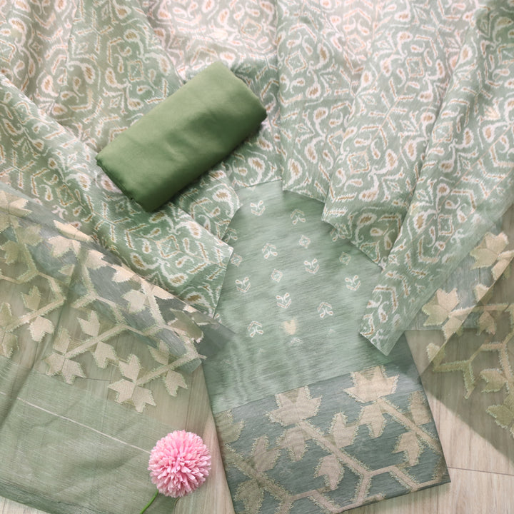 Sarang Mint Green Pink Zari with Authentic Jamdani Weaved Suit Set