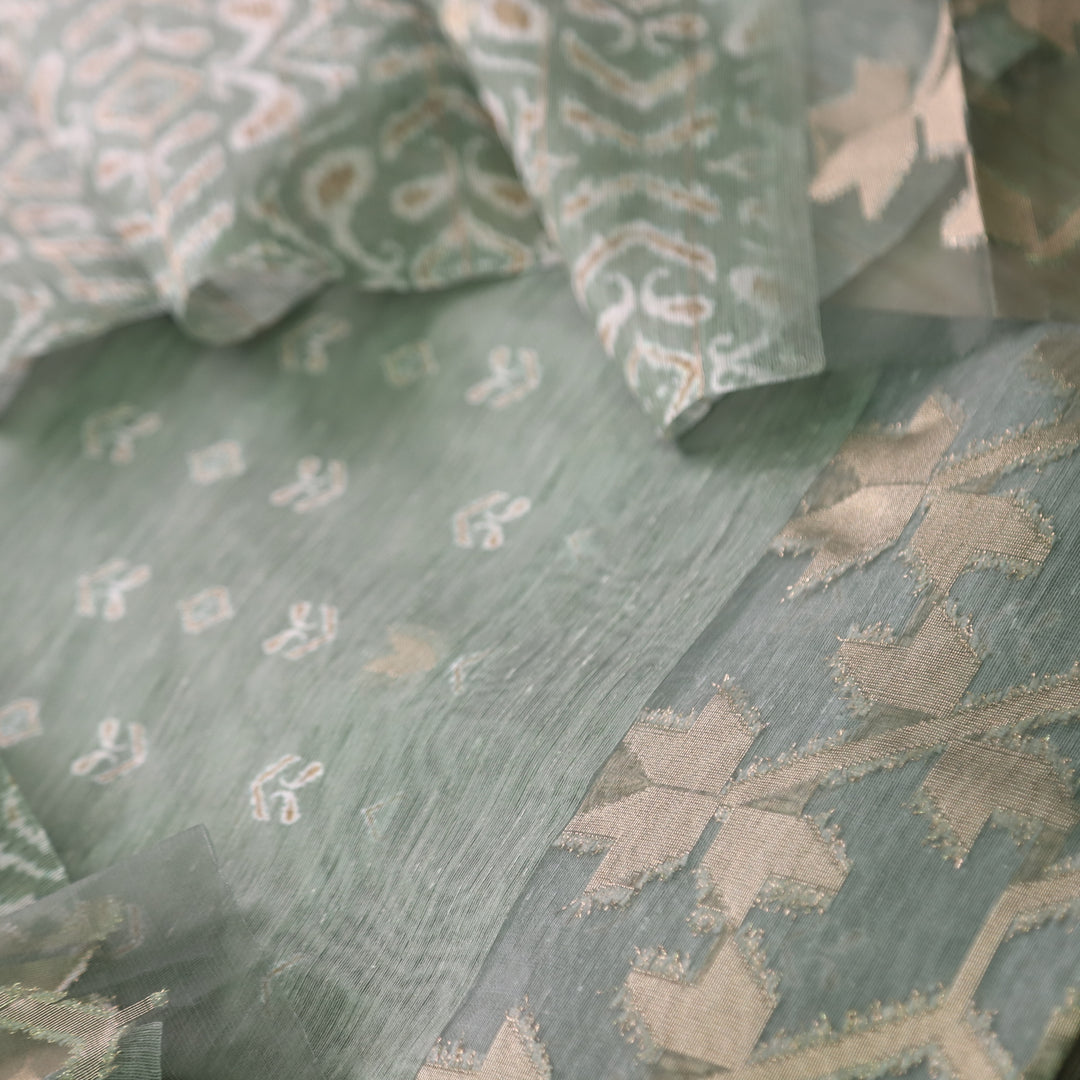 Sarang Mint Green Pink Zari with Authentic Jamdani Weaved Suit Set