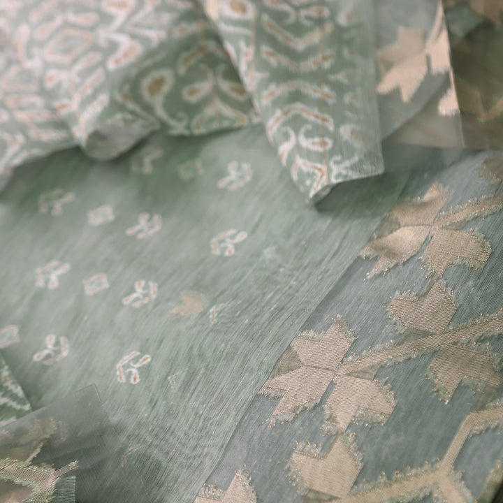 Sarang Mint Green Pink Zari with Authentic Jamdani Weaved Suit Set