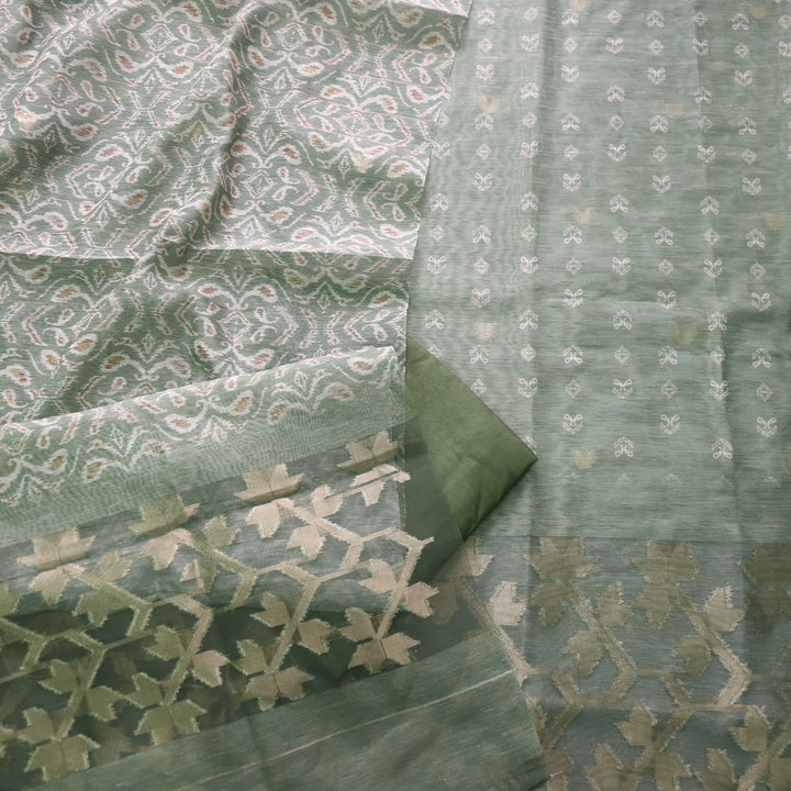 Sarang Mint Green Pink Zari with Authentic Jamdani Weaved Suit Set