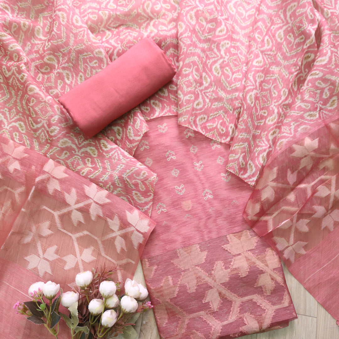 Sarang Blush Pink Zari with Authentic Jamdani Weaved Suit Set