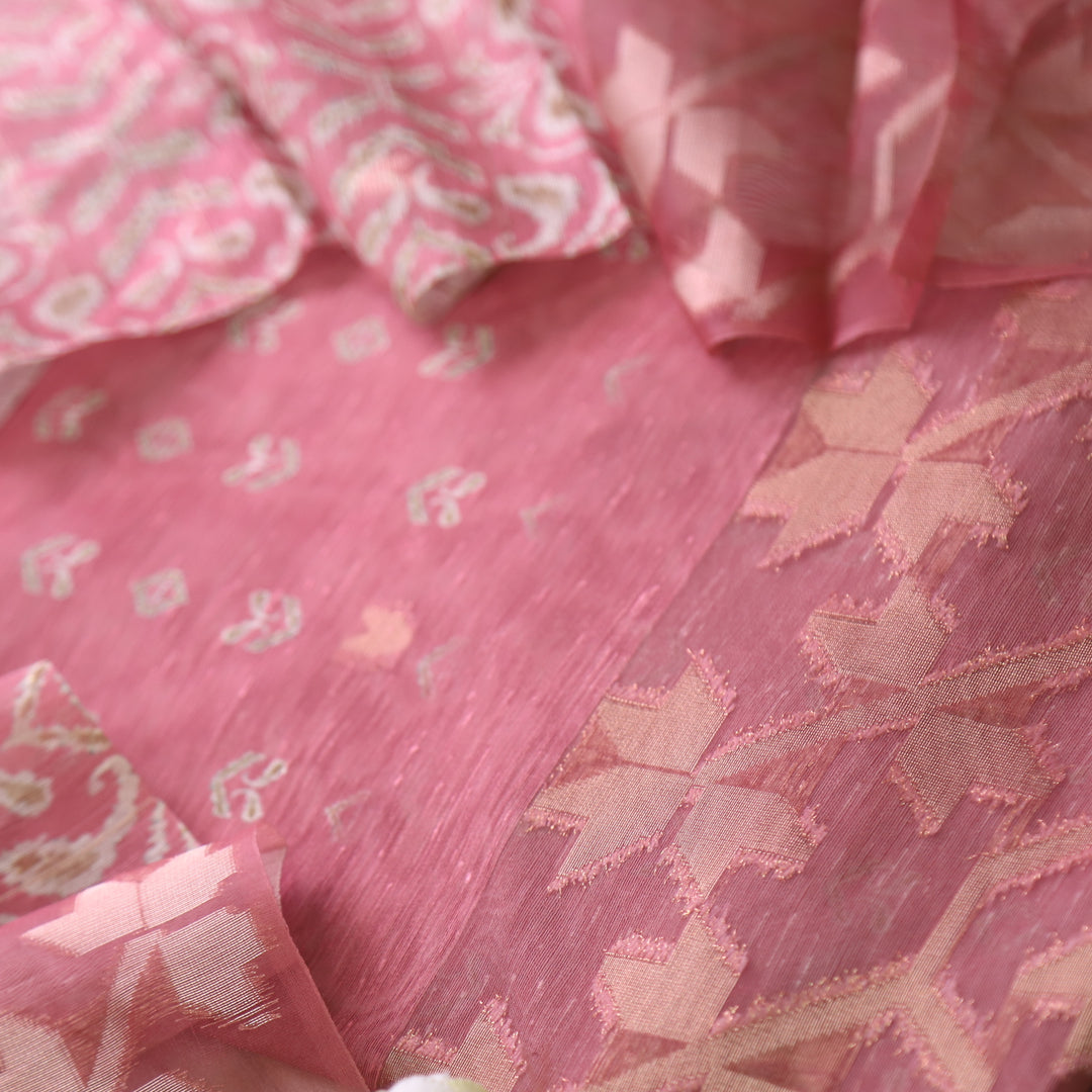 Sarang Blush Pink Zari with Authentic Jamdani Weaved Suit Set