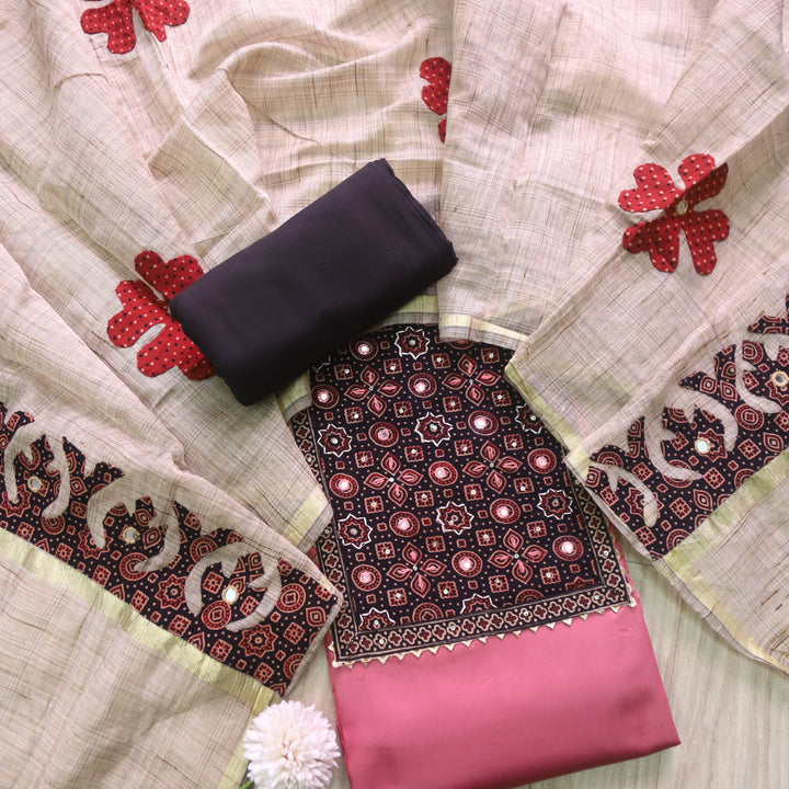 Noor Blush Pink Ajrak Print Neck Patch with Patra Glazed Cotton Suit Set