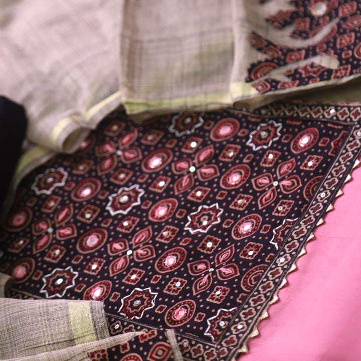 Noor Blush Pink Ajrak Print Neck Patch with Patra Glazed Cotton Suit Set