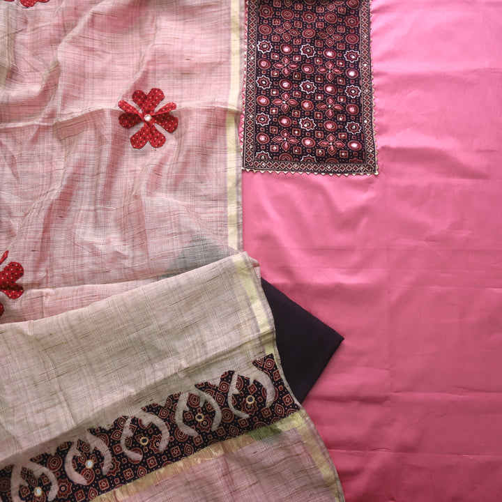 Noor Blush Pink Ajrak Print Neck Patch with Patra Glazed Cotton Suit Set