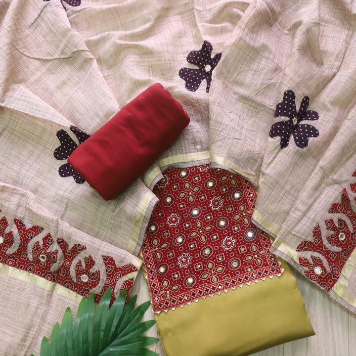 Noor Buttermilk Yellow Ajrak Print Neck Patch with Patra Glazed Cotton Suit Set