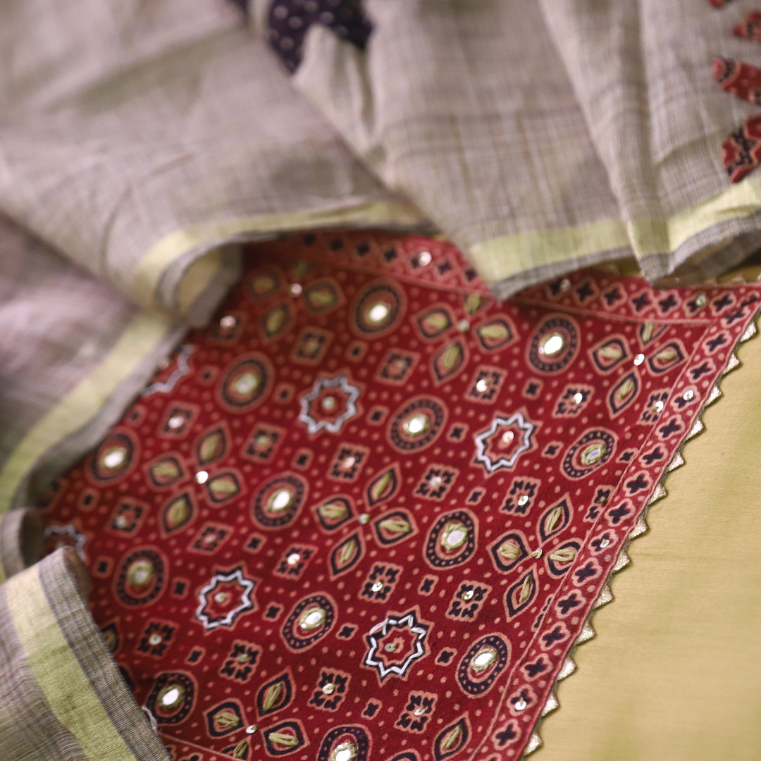Noor Buttermilk Yellow Ajrak Print Neck Patch with Patra Glazed Cotton Suit Set