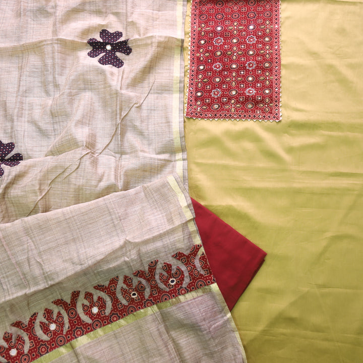 Noor Buttermilk Yellow Ajrak Print Neck Patch with Patra Glazed Cotton Suit Set