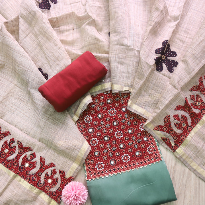 Noor Sage Green Ajrak Print Neck Patch with Patra Glazed Cotton Suit Set